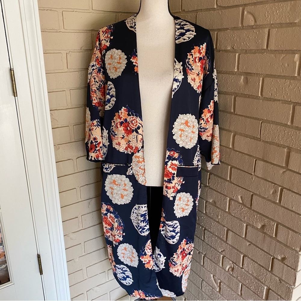 TRF Outerwear Zara Kimono Jacket Women S M Floral Duster Boho Artsy Japanese - Picture 2 of 12